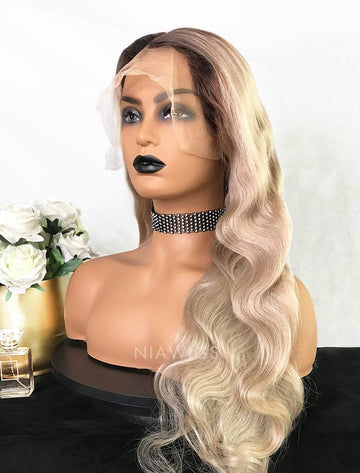 Sabina Virgin Hair 22 Inches Glueless Full Lace Wig Black Roots&Platinum Blonde